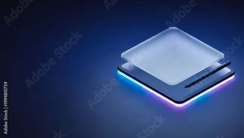 A sleek, modern tech concept featuring layered glass-like panels with glowing blue and purple lights on a dark background.