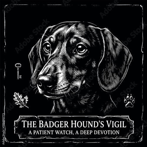 The Badger Hound's Vigil Vector Illustration, Dachshund Dog Etching Art with Quote, Vintage Woodcut Style Pet Portrait, Laser Engraving Design, Retro Dog Poster