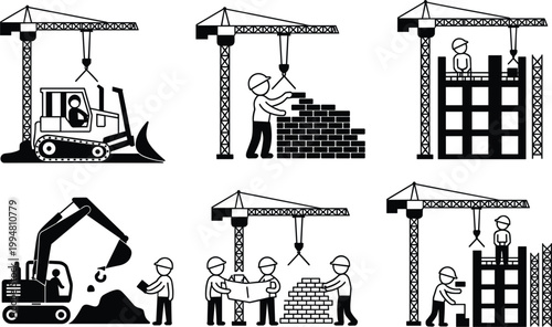 Construction process icons set workers machinery crane building stages silhouette vector illustration design