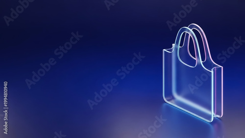 Minimalist 3D-rendered shopping bag with bright neon blue edges, isolated on a dark blue gradient backdrop, symbolizing retail or e-commerce.
