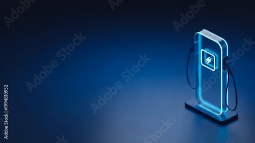 Futuristic EV charging station with sleek design and bright blue illumination, set against a dark backdrop for emphasis.