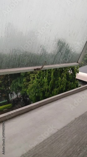 Raindrops on Open Window overlooking Lush Green Trees