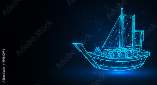 A futuristic wireframe sailboat illuminated in blue, floating on a dark digital ocean under a starry sky, evoking tech and adventure themes.