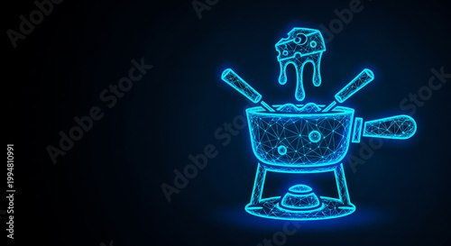 A stylized neon blue illustration of a fondue pot on a stand, with melted cheese and two dipping forks.
