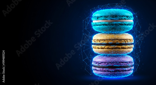 Three vibrant macarons in blue, yellow, and purple with glowing neon effects, arranged in a vertical stack against a dark, tech-inspired background.