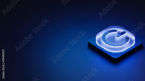 A modern 3D rendering of a glowing power button icon on a sleek blue background, symbolizing technology and energy.