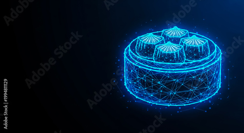Futuristic 3D rendering of a neural network structure resembling a layered cake with interconnected nodes and glowing blue circuits.