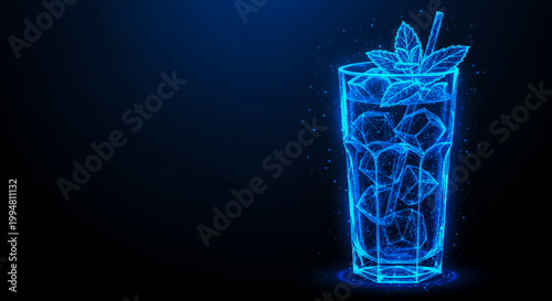 A futuristic neon blue wireframe design of a tall glass cocktail, likely a mojito, with ice cubes and mint leaves on a dark background.