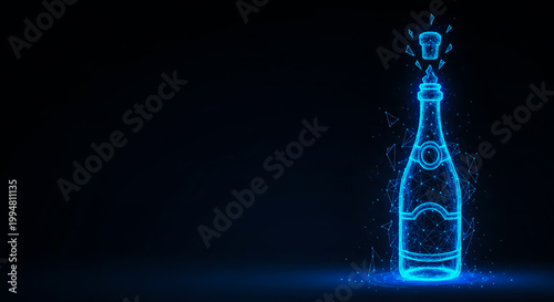 A vibrant neon blue champagne bottle with a popping cork and sparkling effects, set against a dark background, conveying celebration and luxury.