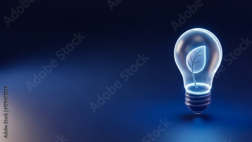 A bright, illuminated light bulb featuring a leaf-shaped filament, representing sustainability, creativity, and green energy solutions in a dark setting.