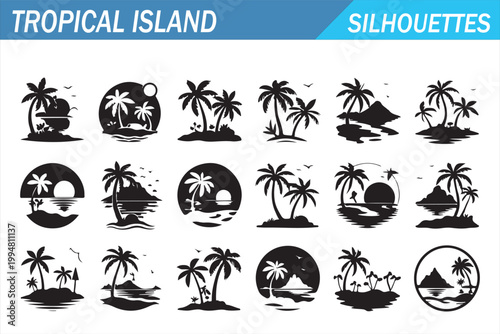 Exotic island silhouettes pack with palm hammock boat hut and sea graphics