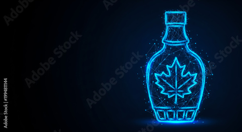 A neon blue outlined bottle of maple syrup with a stylized maple leaf on the front, set against a dark background with subtle sparkles.