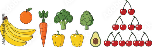 Fruits and vegetables collection with banana, orange, carrot, broccoli, avocado and cherries, flat vector illustration set for healthy food and nutrition design