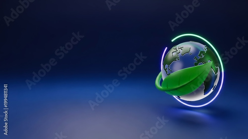 3D render of Earth cradled in hands with a glowing digital ring, symbolizing environmental care, sustainability, and global connectivity.