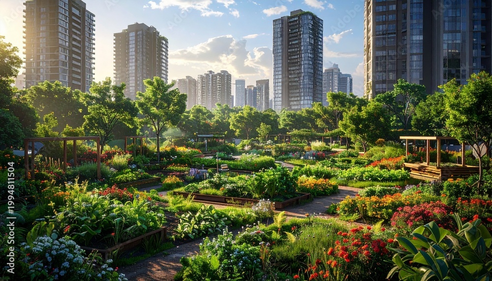 Fototapeta premium Vibrant urban rooftop garden with colorful flowers and skyscrapers in golden sunlight