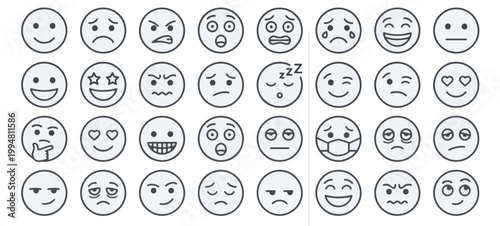Array of diverse emoticon expressions in a clean, minimalist style. From joy to sadness, the collection captures a wide range of human emotions. 