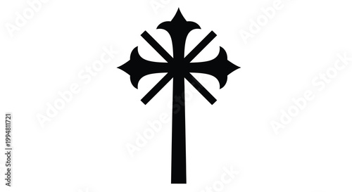 A stark black silhouette depicts a stylized ornate cross with flared ends and a central design high quality