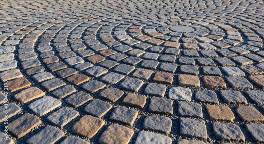Fototapeta premium Circular cobblestone pavement pattern with weathered gray and brown stones