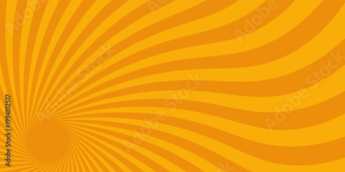 Circus background of spiral yellow orange rays vector illustration. Vintage radial pattern with sunbeams or starburst strip.