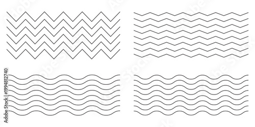 Wavy lines pattern vector element, wave ripple thin line strokes simple zigzag texture set, stream zig zag background backdrop image clip graphic illustration