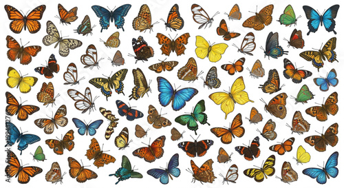 A vibrant and diverse collection of various colorful butterflies, showcasing intricate patterns and delicate wings in a detailed illustration