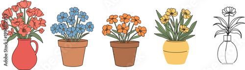 Set of colorful potted flowers and bouquet in vases with decorative blossoms isolated on white background for floral vector illustration