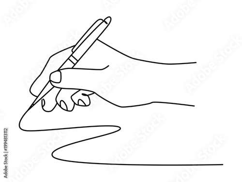 Continuous one line art of a hand holding a pen and signing a document signature art.