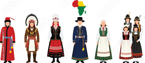 Set of traditional world costumes with cultural clothing and map of Africa isolated on white background vector illustration