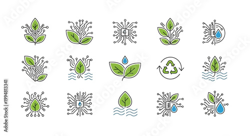 Eco friendly icons with leaves and water.