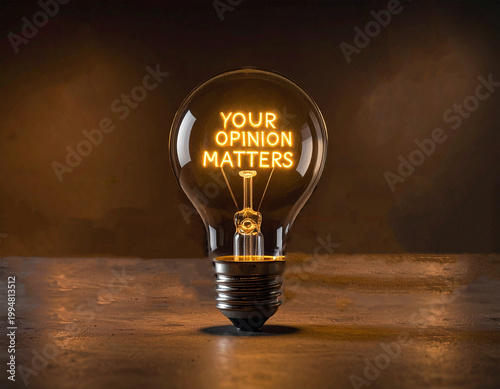 Your opinion matters - Glühbirne mit einem Glühdraht das aussieht wie das Wort 