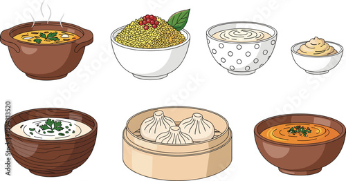 Traditional food bowl set with soup rice dumplings and creamy dishes for restaurant menu design vector illustration collection