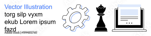 Business strategy, technology development, digital marketing, problem-solving, teamwork, innovation. Gear, chess piece and laptop arranged symbolically. Strategy development and technology