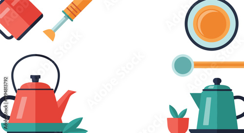 This flat vector illustration showcases a variety of colorful kitchenware, including teapots and bowls, framed around a central white space.