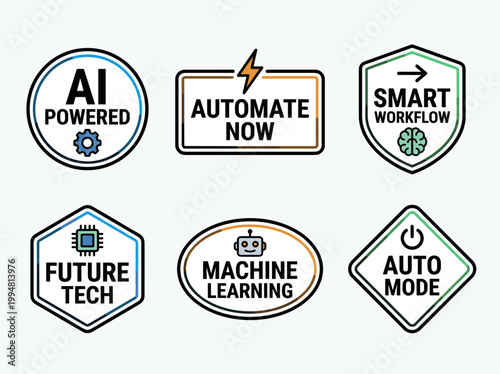 AI automation typography badge set: machine learning, future tech, smart workflow, automate now