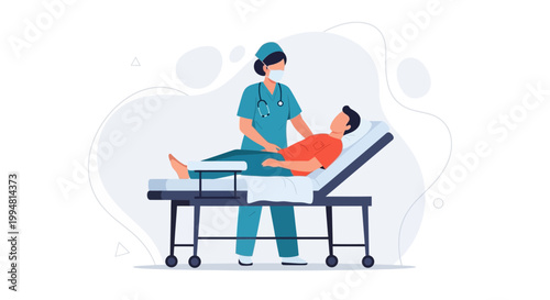 Nurse caring for patient on hospital gurney, medical care, healthcare concept