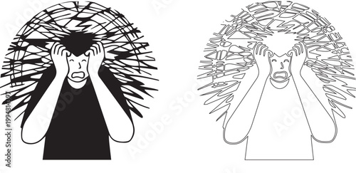 depressed ,Sad confused man line design vector. Anxiety icon.