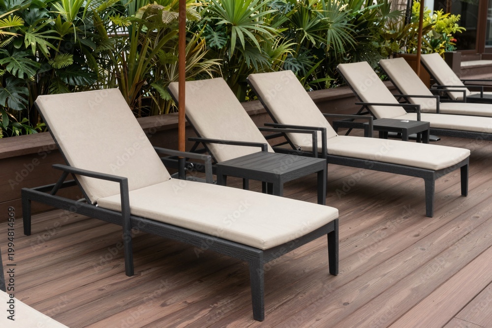 Obraz premium Relaxing Outdoor Lounge Chairs with Wooden Deck