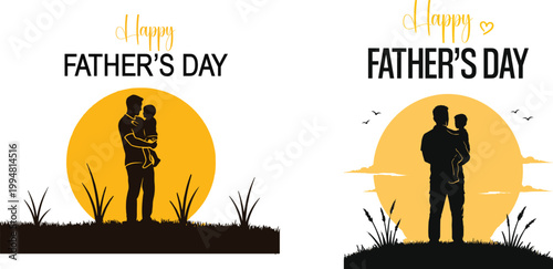 Happy Father’s Day Silhouette Illustration of Father and Child at Sunset, Emotional Family Love Vector Design