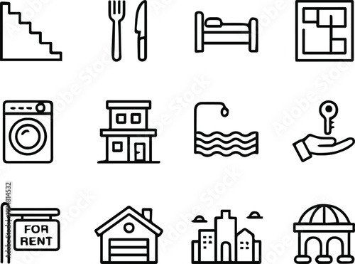 house icons outline vector real estate amenities set