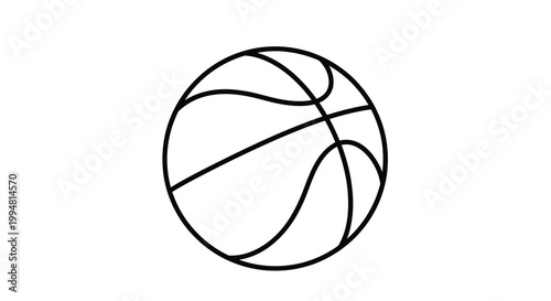 A simple black and white line drawing depicts a classic basketball showcasing its rounded shape and paneling