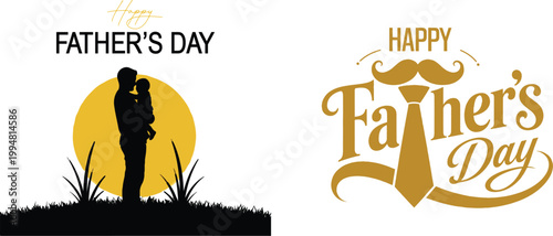 Happy Father’s Day Silhouette and Elegant Typography Design with Mustache and Tie, Premium Vector Illustration Set