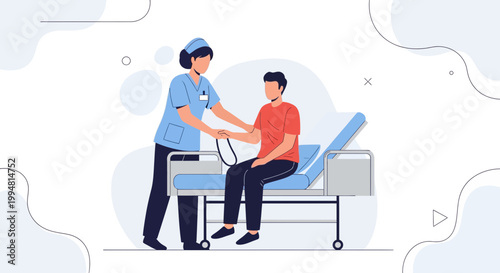 Nurse checking patient's blood pressure in hospital room, healthcare concept