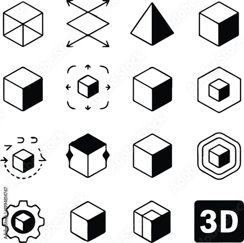 3d icons grid for modeling tools cube pyramid arrows vector set