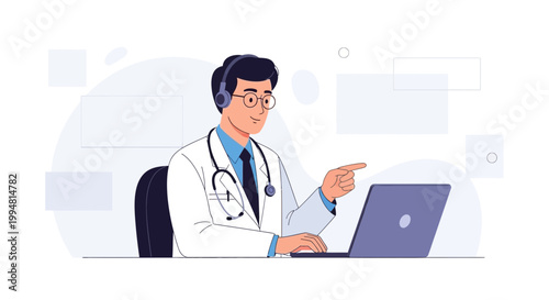 Doctor with headset and laptop, online consultation, telemedicine, medical advice