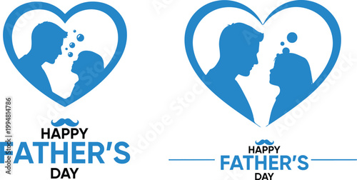 Happy Father’s Day Heart Silhouette of Father and Child, Minimal Blue Family Love Vector Illustration Set