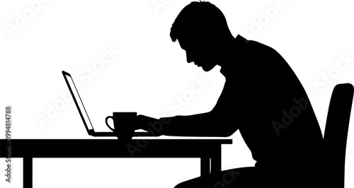 Freelancer working late night at laptop silhouette.