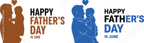 Happy Father’s Day Silhouette of Father and Child with Love Hearts, Minimal Blue and Brown Vector Illustration Set
