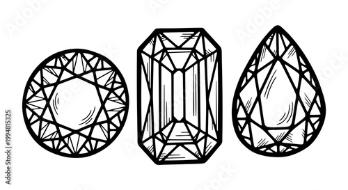 Geometric line art of precious gemstones in various shapes