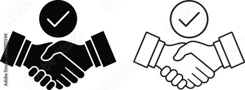 Two versions of a handshake icon with checkmarks one filled and one outline