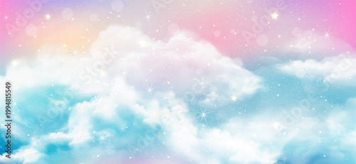 Rainbow unicorn background with pastel pink color sky cloud. Magical landscape of kawaii and mermaid with glitter star and bokeh light. Cute candy, birthday party, fairy tale or space galaxy wallpaper